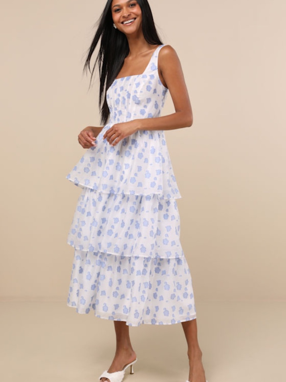 Lulus Sweet Potential Blue And White Floral Burnout Tiered Midi Dress - Size M